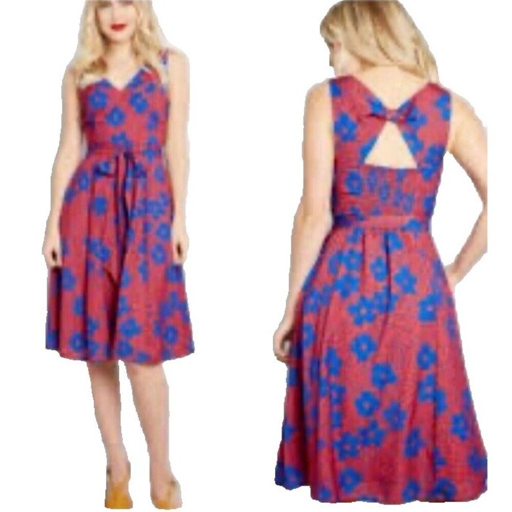 ModCloth Silky Red Blue Dress L Pockets Belt Cross Back Sleeveless NEW NWT